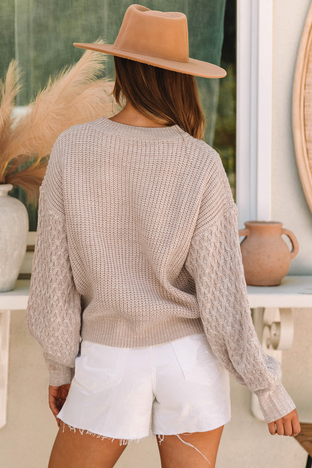 Parchment Cable Knit Sleeve Sweater