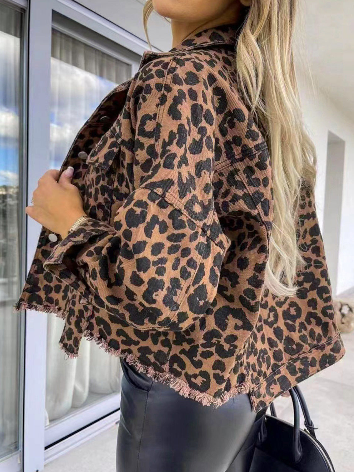 Raw Hem Leopard Denim Jacket