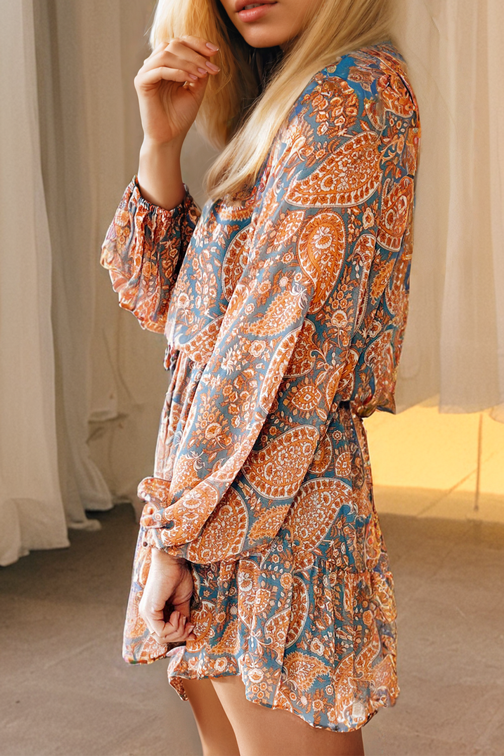 Orange Paisley Print High Waist Mini Dress