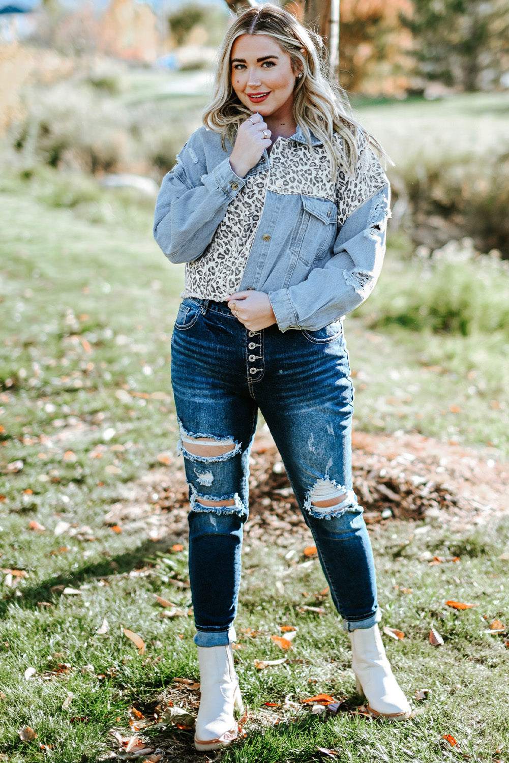 Leopard Ripped Cropped Denim Jacket