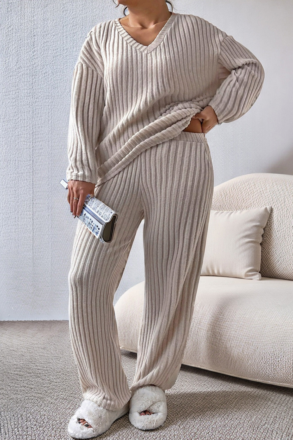 Ribbed Drop Shoulder Top and Pants Lounge Set