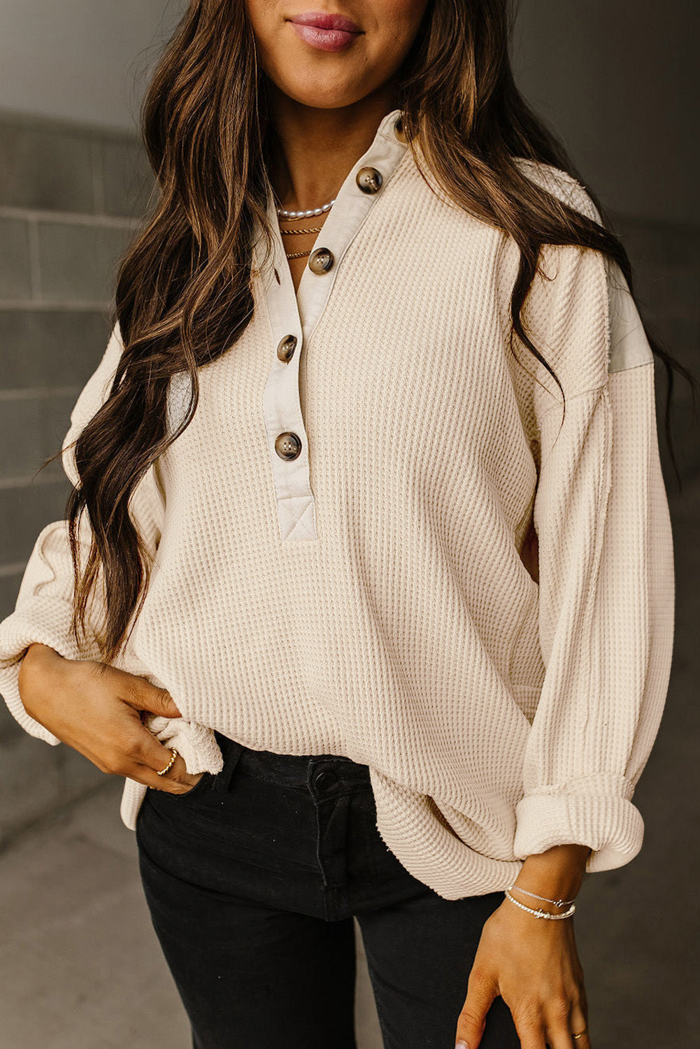 Waffle Long Sleeve Collar Half Button Top