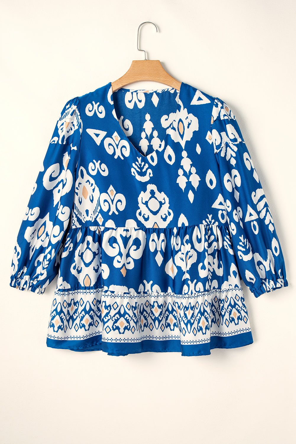 Blue Geometric Print 3/4 Sleeve Blouse