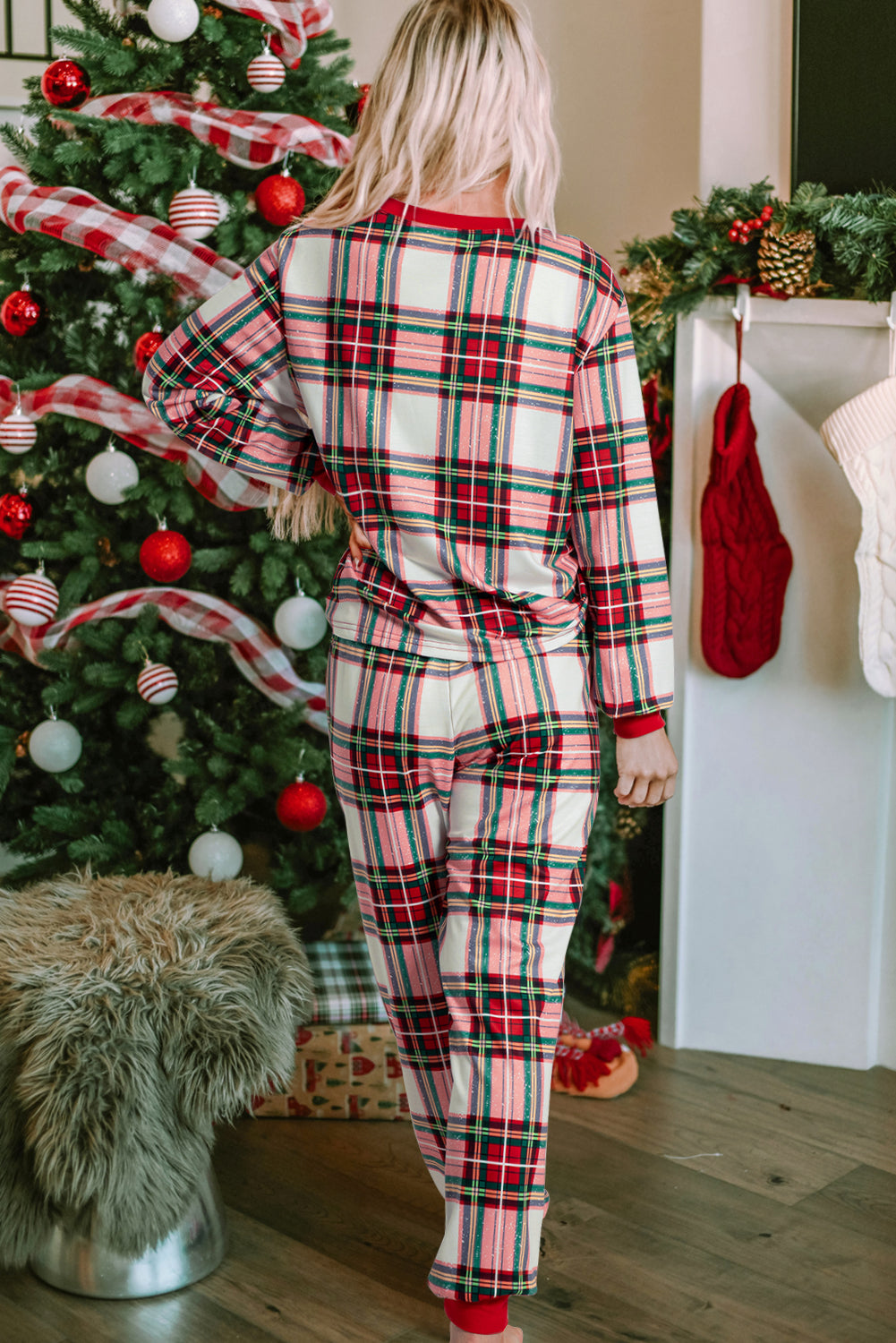 Red Christmas Plaid Allover Top & Pants Lounge Set