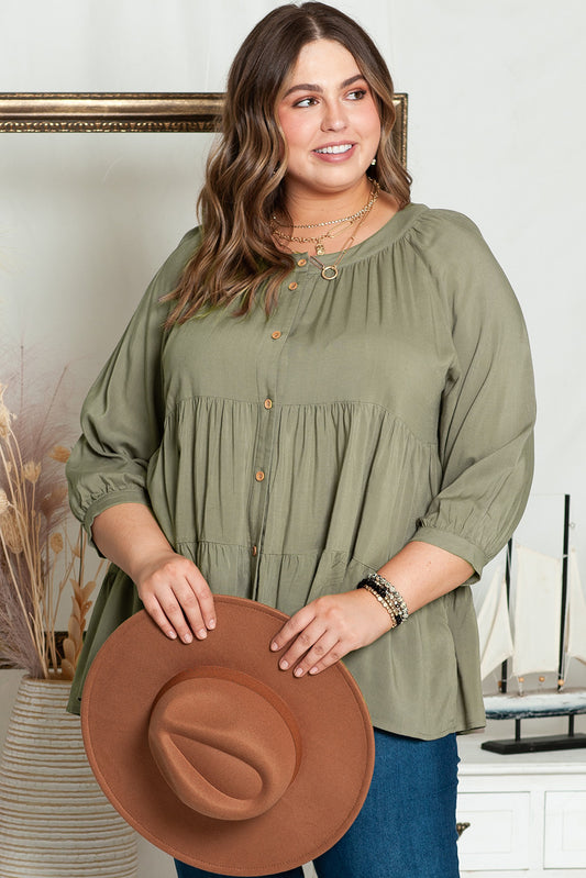 Green Ruffle Tiered Split Neck Shirt