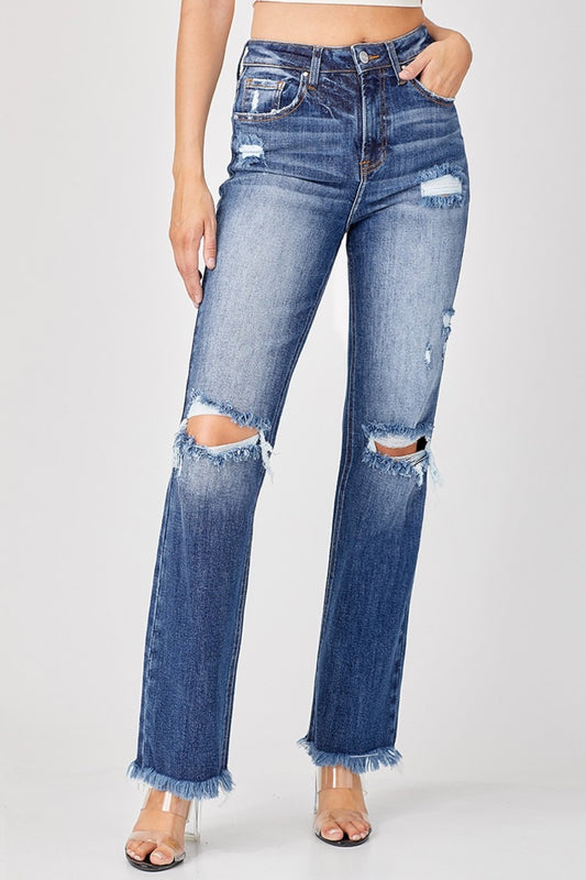 Risen Raw Hem Distressed Straight Leg Jeans