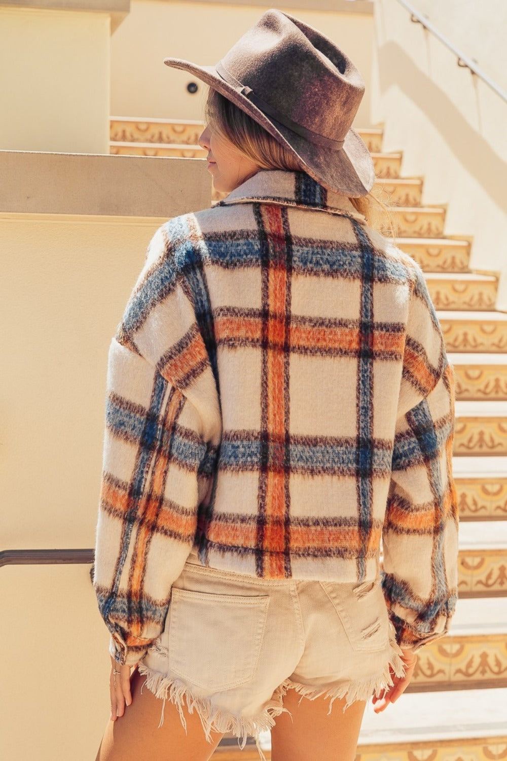 Brushed Plaid Cropped Jacket w/ Pockets