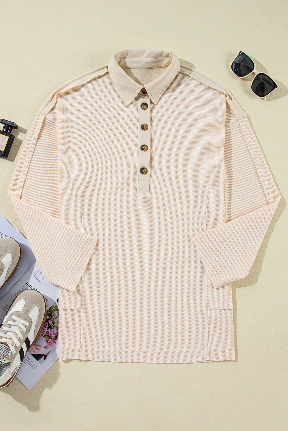 Waffle Long Sleeve Collar Half Button Top