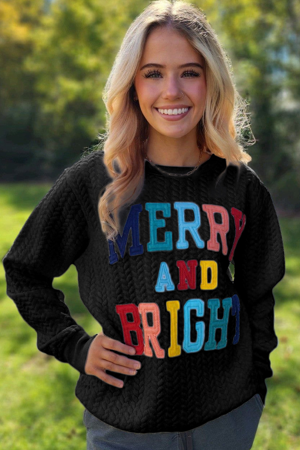 Merry & Bright Cable Knit Pullover Sweatshirt