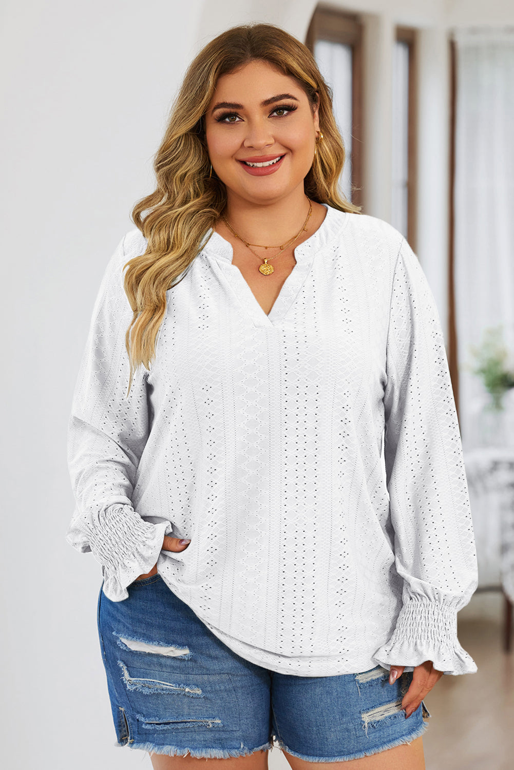 Eyelet Notched Flounce Sleeve Blouse