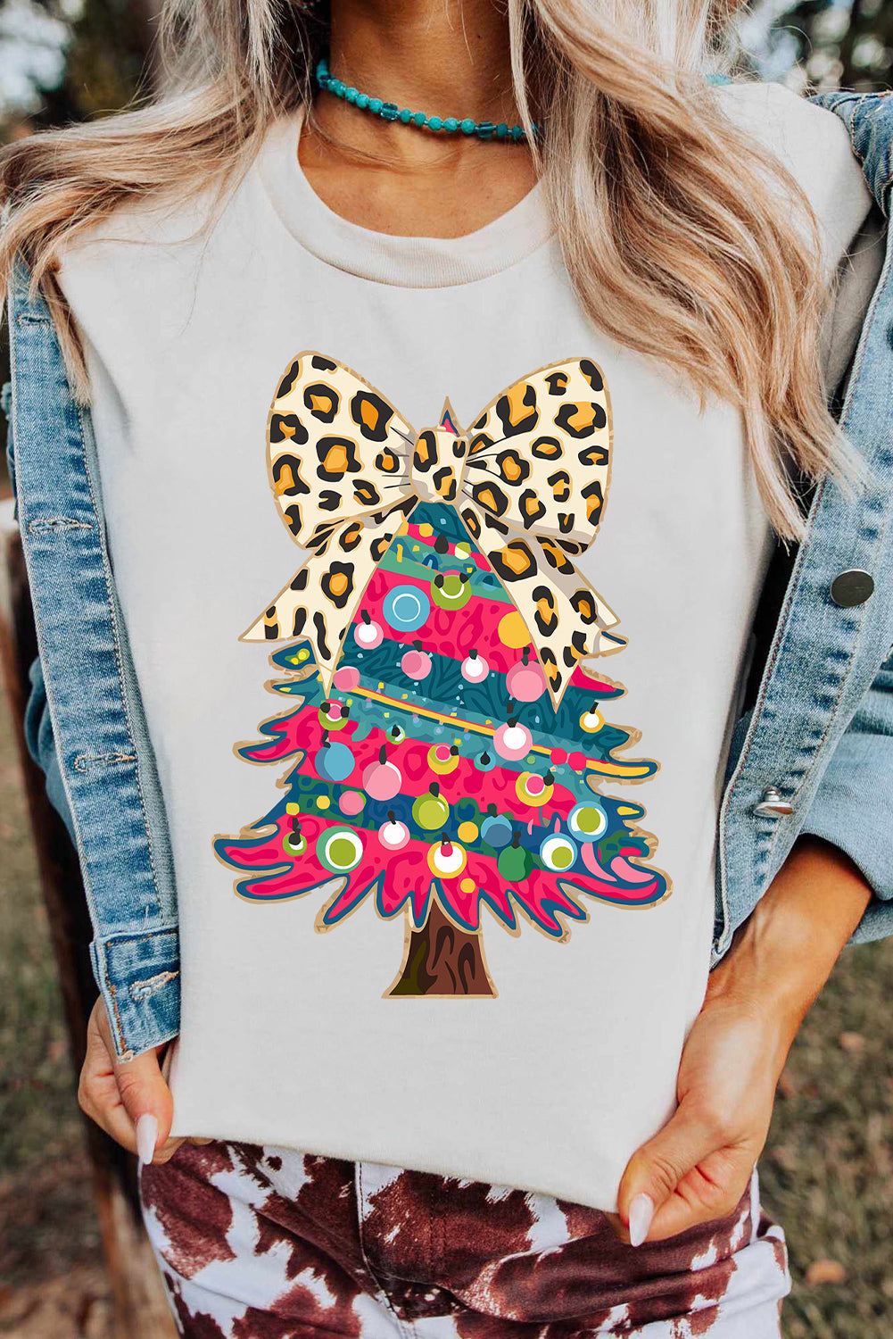 Leopard Bow Christmas Tree Graphic Tee