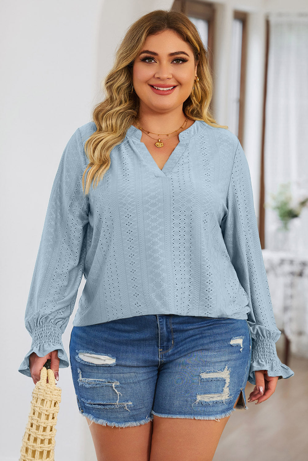 Eyelet Notched Flounce Sleeve Blouse