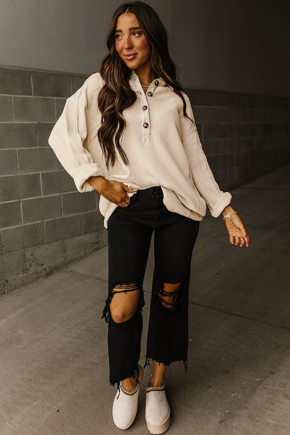 Waffle Long Sleeve Collar Half Button Top