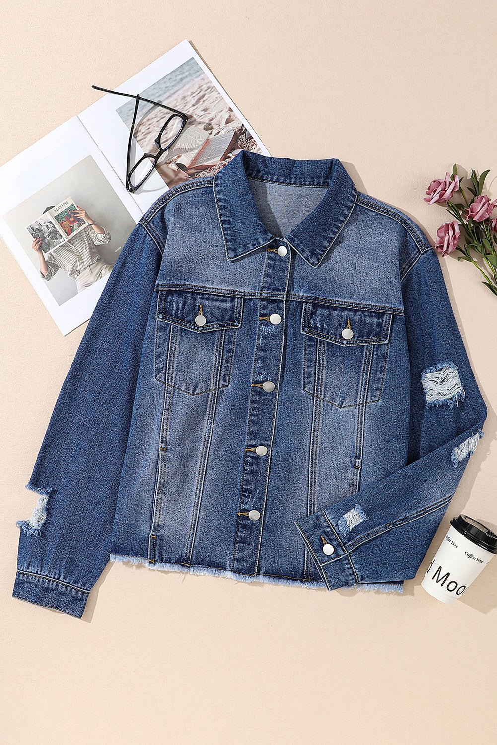 Distressed Button Up Raw Hem Denim Jacket