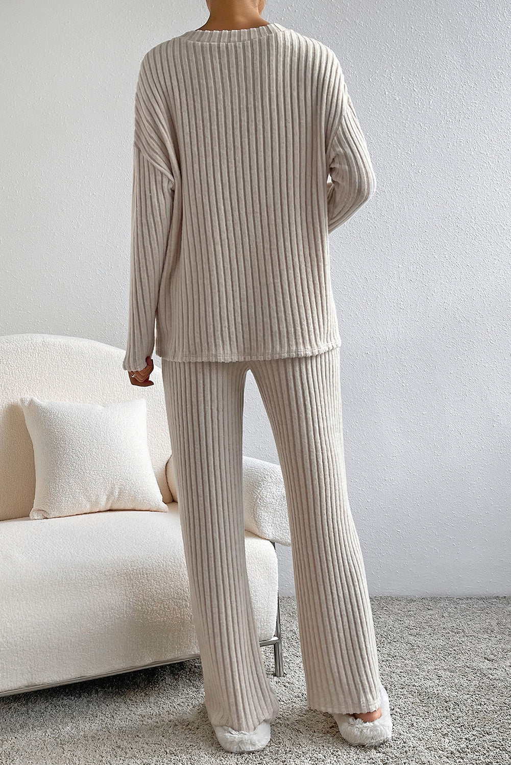 Ribbed Drop Shoulder Top and Pants Lounge Set