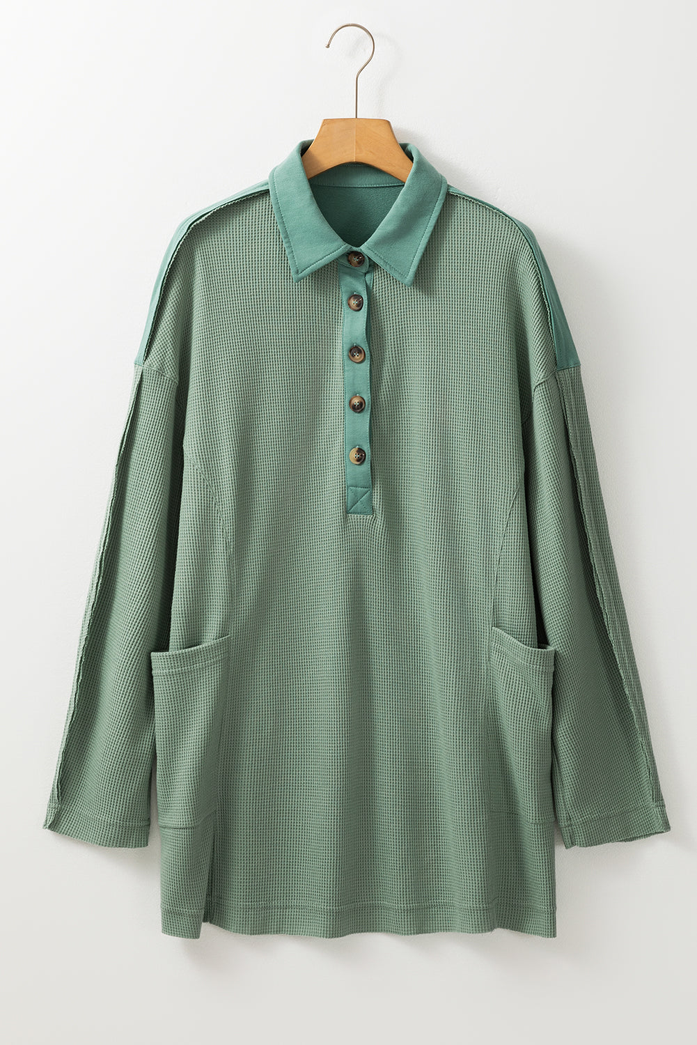 Waffle Long Sleeve Collar Half Button Top