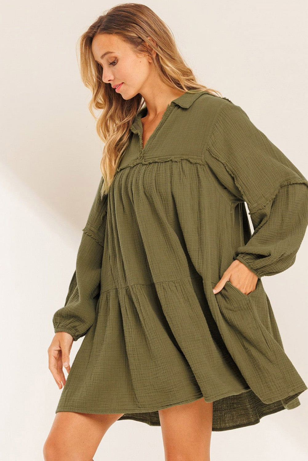 Green Frayed Trim Flared Dress