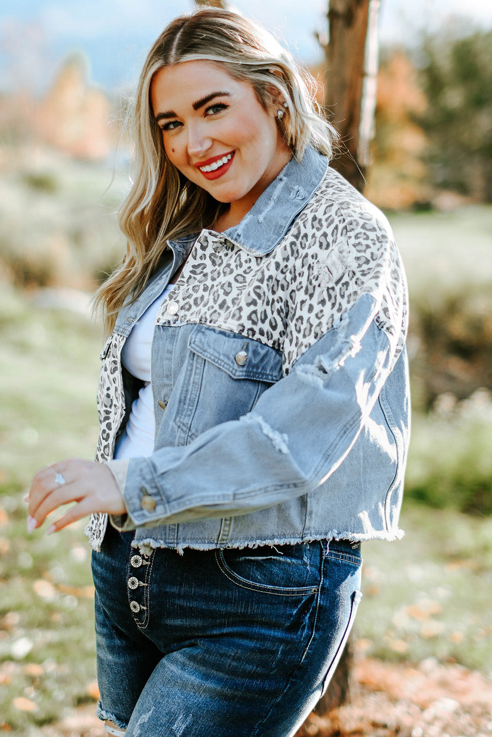 Leopard Ripped Cropped Denim Jacket