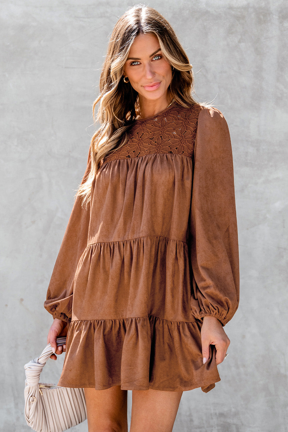 Chestnut Crochet Ruffled Mini Dress