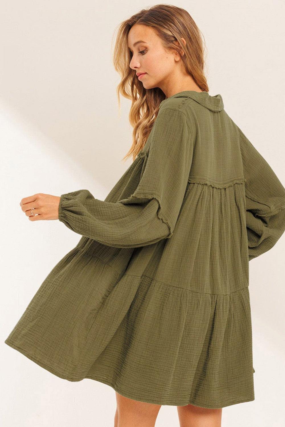 Green Frayed Trim Flared Dress