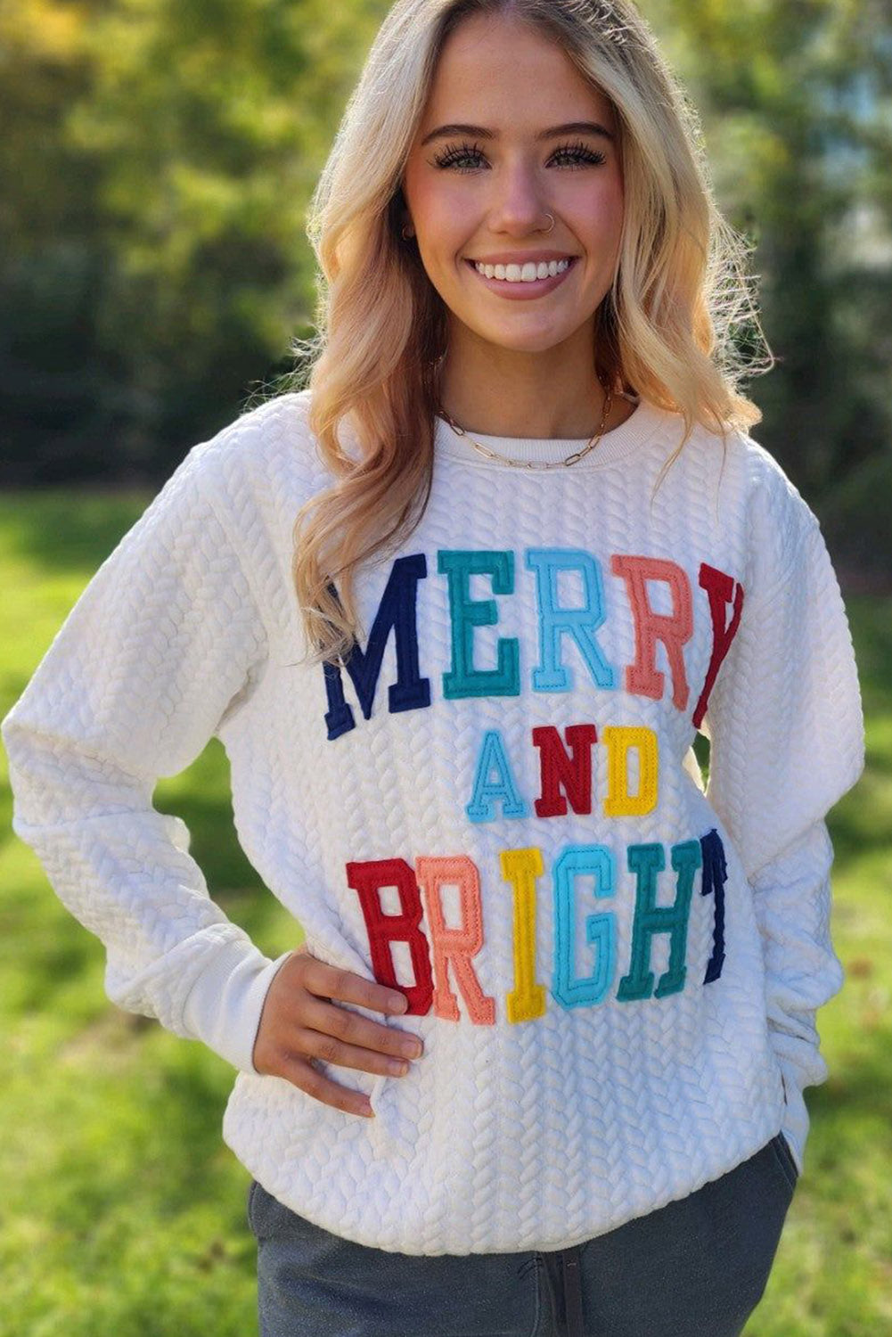 Merry & Bright Cable Knit Pullover Sweatshirt