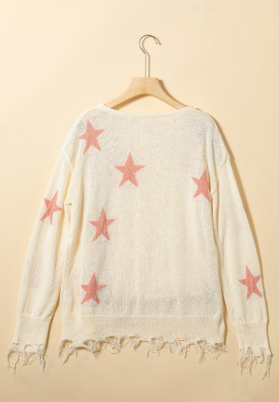 Contrast Star Raw Hem Long Sleeve Knit Sweater