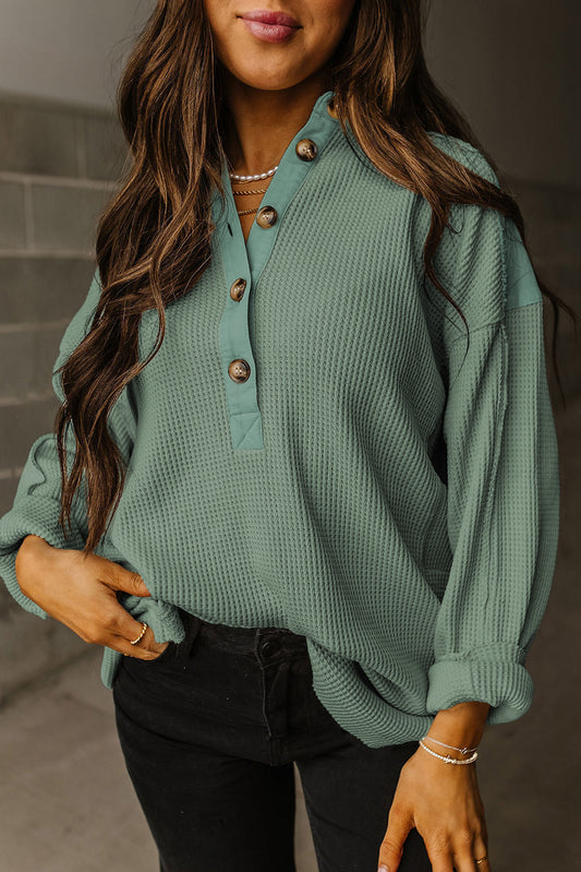 Waffle Long Sleeve Collar Half Button Top