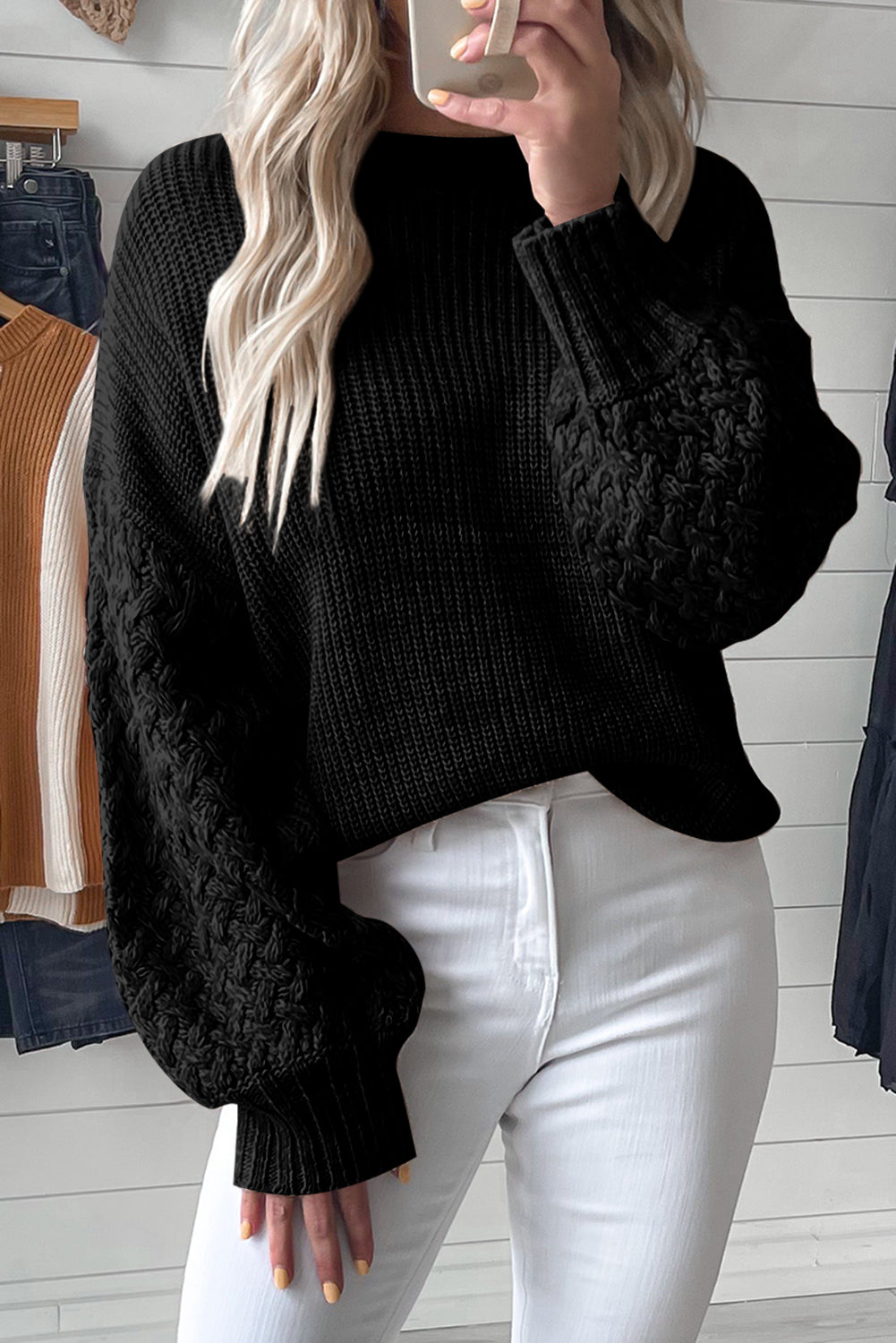 Parchment Cable Knit Sleeve Sweater