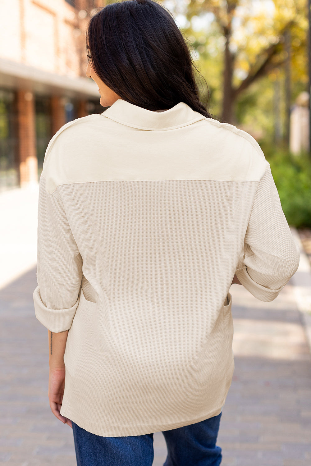 Waffle Long Sleeve Collar Half Button Top