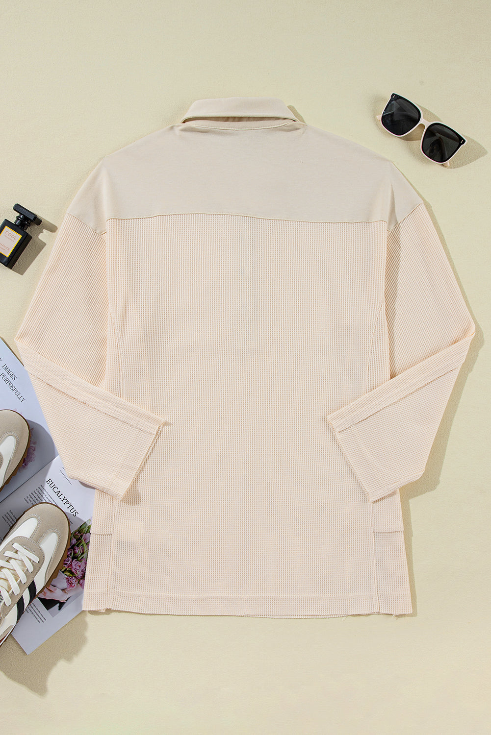 Waffle Long Sleeve Collar Half Button Top