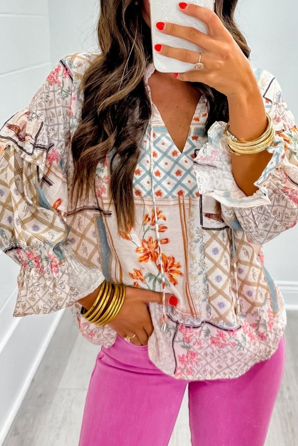 Multicolor Boho Floral Patchwork Ruffled Blouse