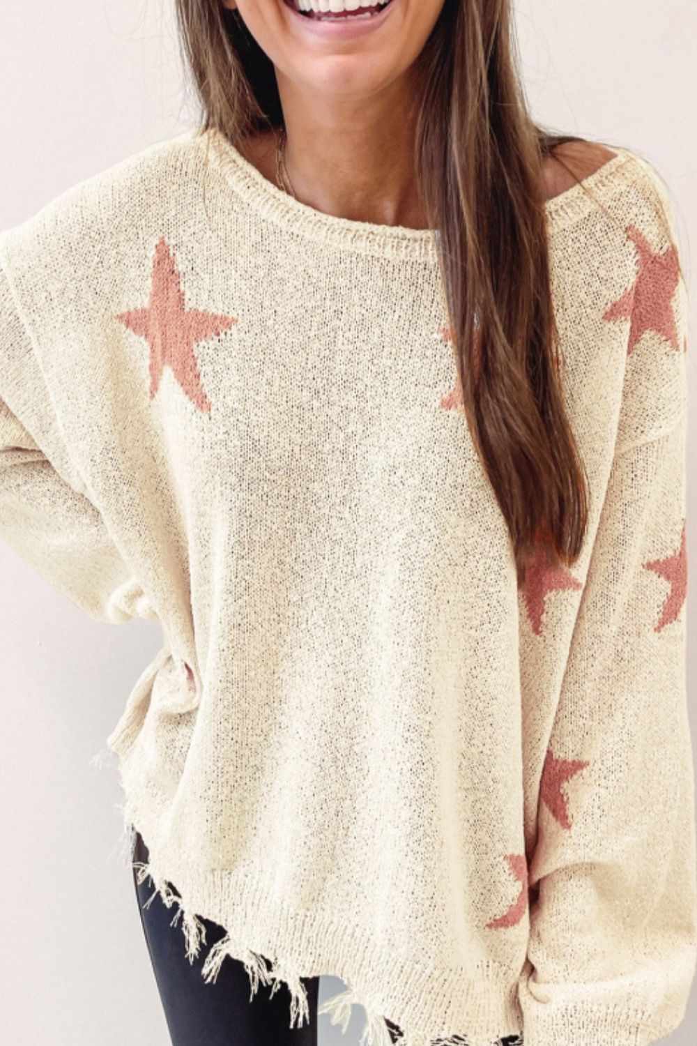 Contrast Star Raw Hem Long Sleeve Knit Sweater