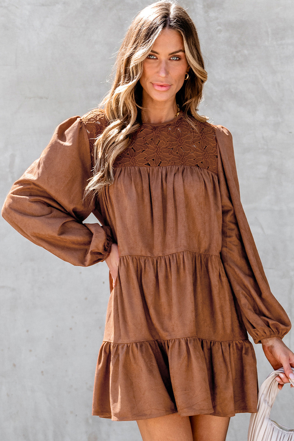 Chestnut Crochet Ruffled Mini Dress