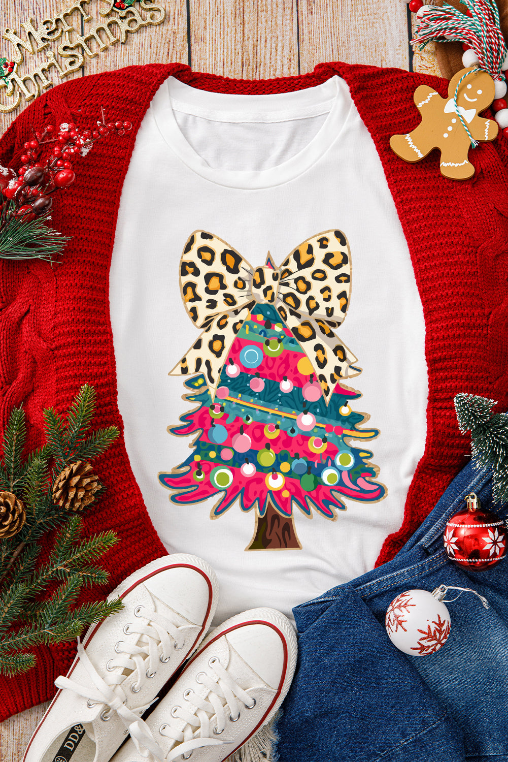 Leopard Bow Christmas Tree Graphic Tee