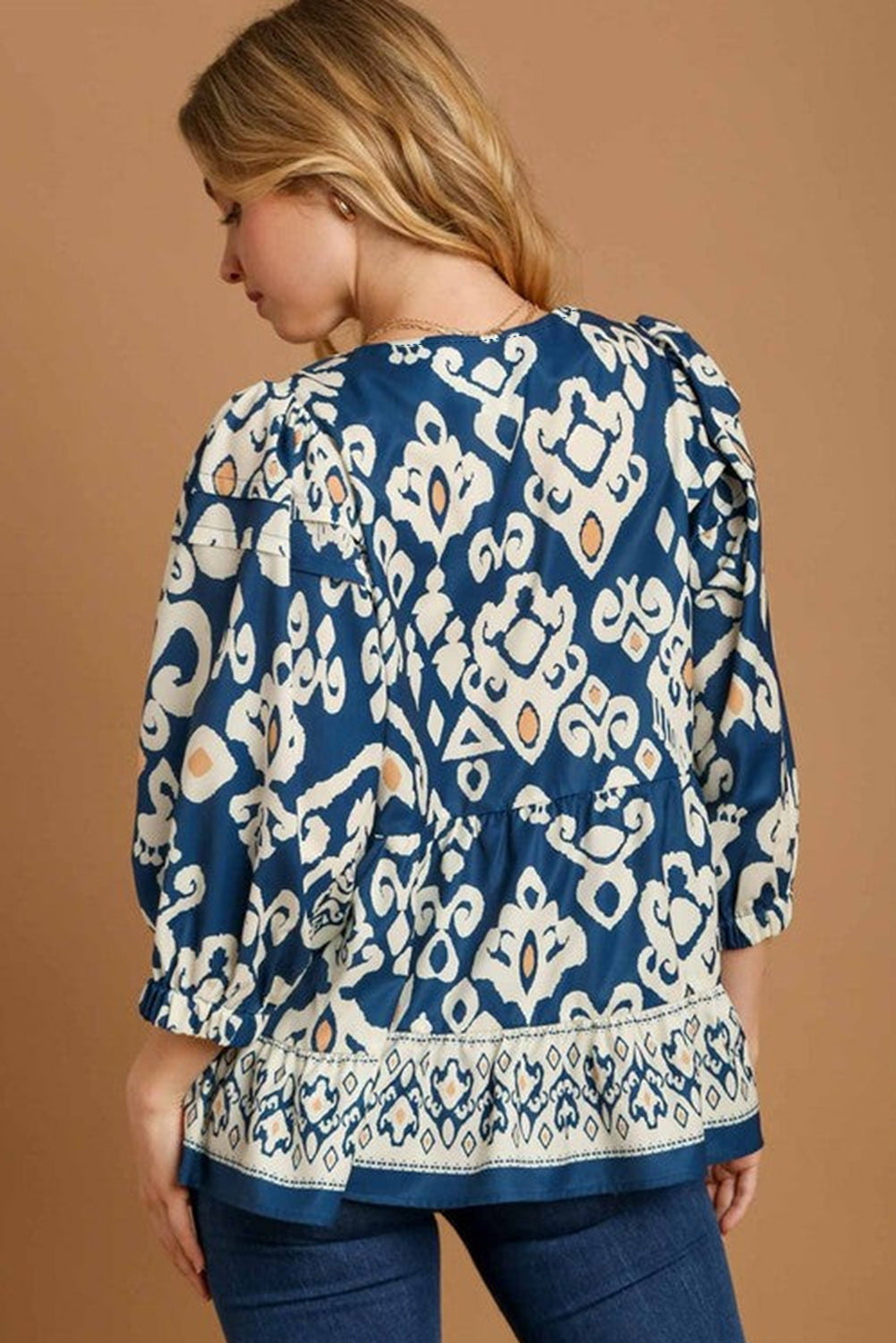 Blue Geometric Print 3/4 Sleeve Blouse