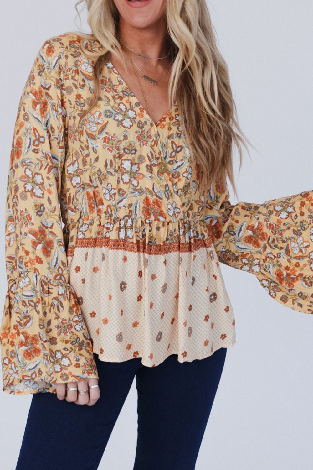 Peplum Printed Flare Sleeve Blouse