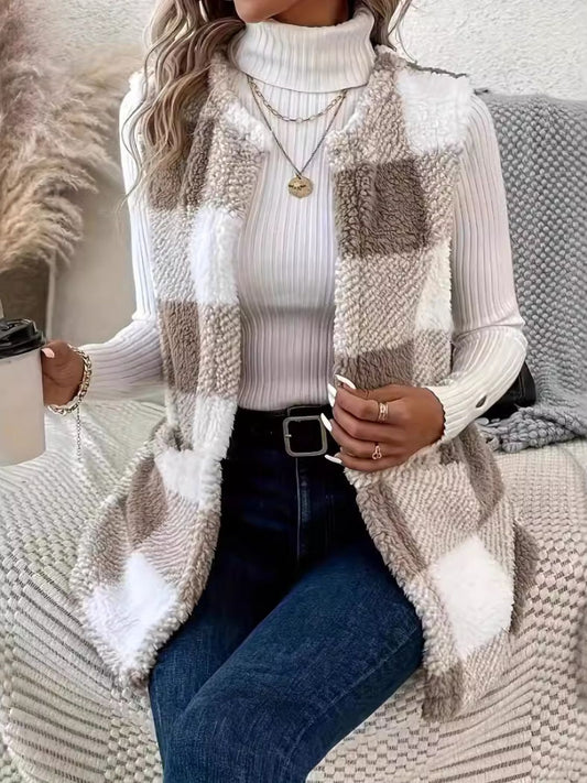 Plaid Open Front Sherpa Vest