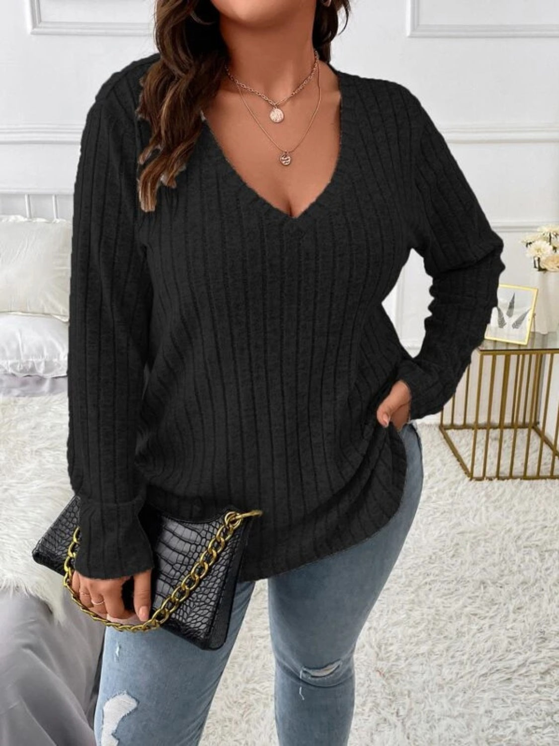 Ribbed V-Neck Sweater