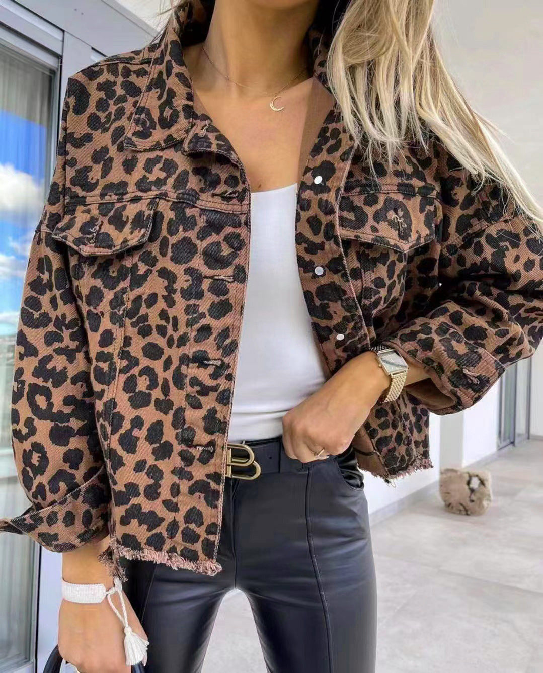 Raw Hem Leopard Denim Jacket