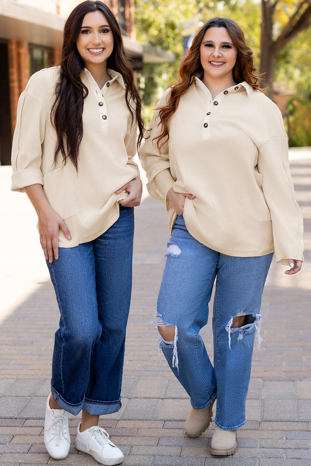 Waffle Long Sleeve Collar Half Button Top