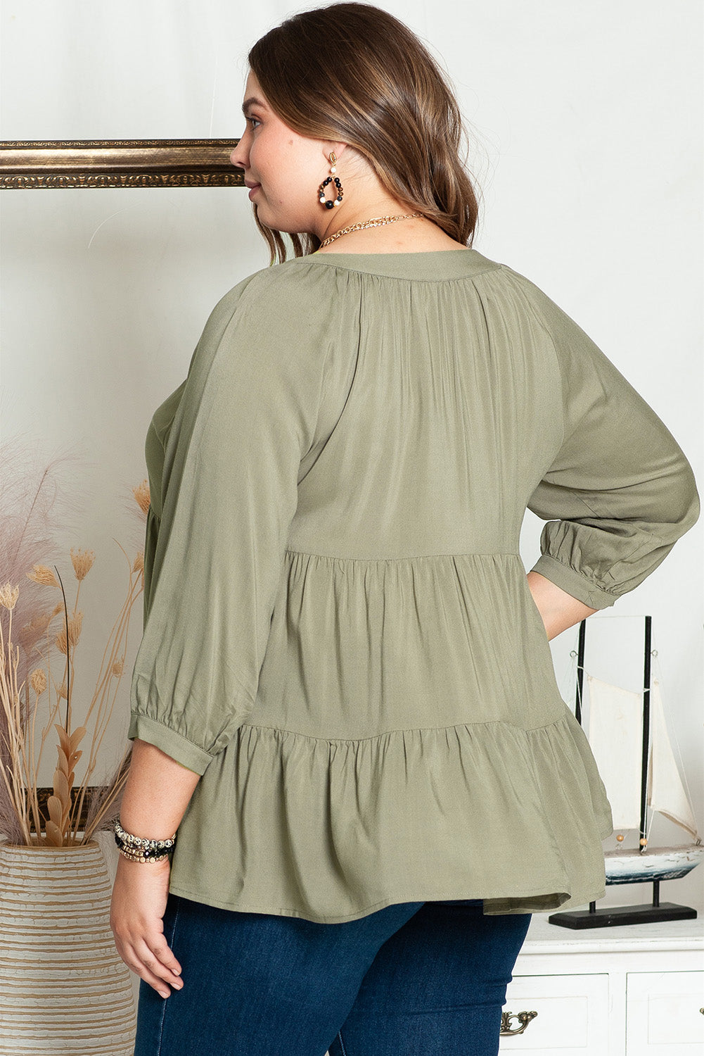 Green Ruffle Tiered Split Neck Shirt