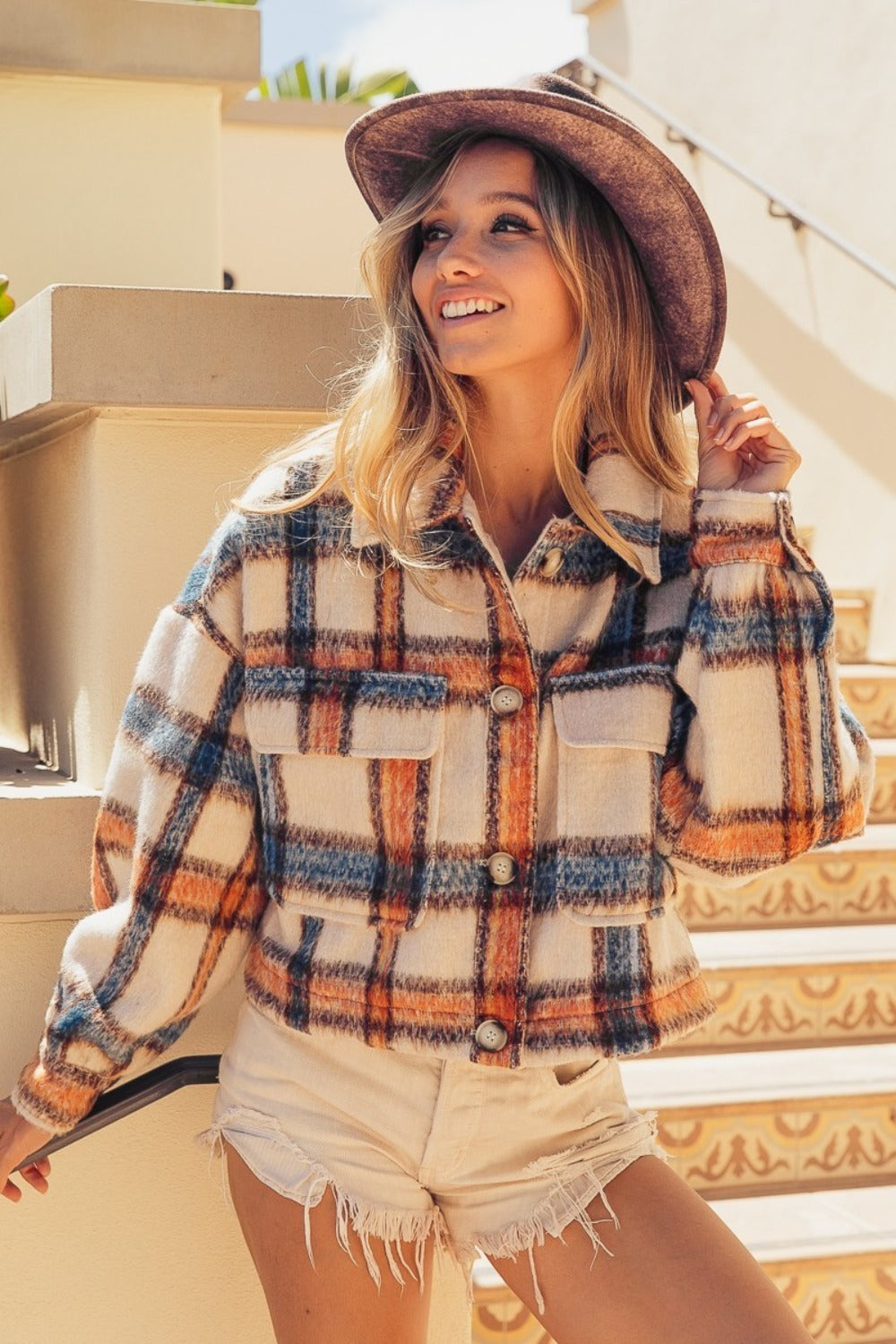 Brushed Plaid Cropped Jacket w/ Pockets