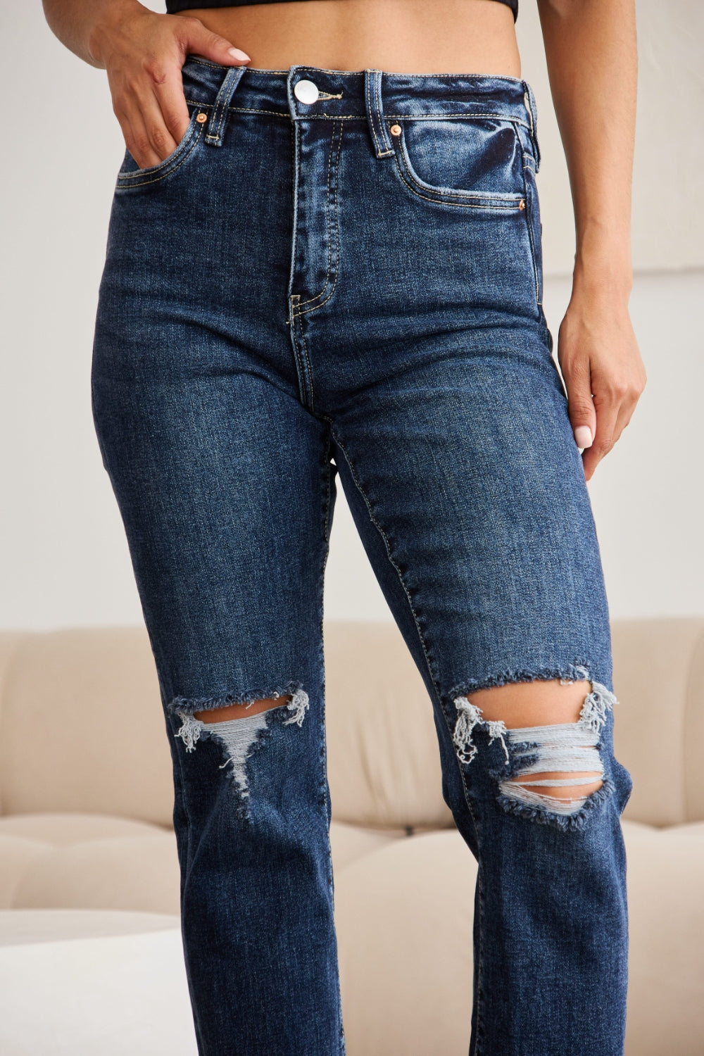 RFM Tummy Control Distressed High Waist Raw Hem Jeans