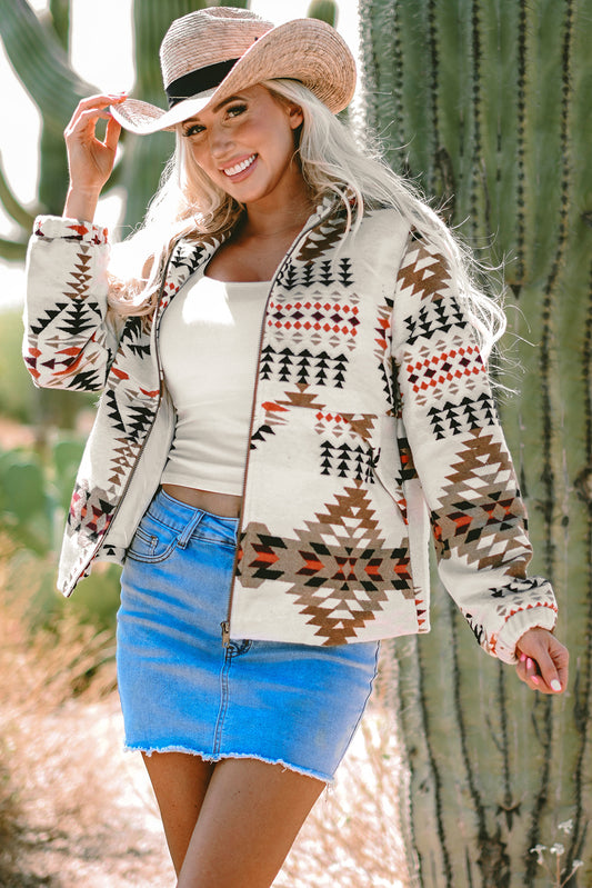 Beige Aztec Printed Zip Up Jacket