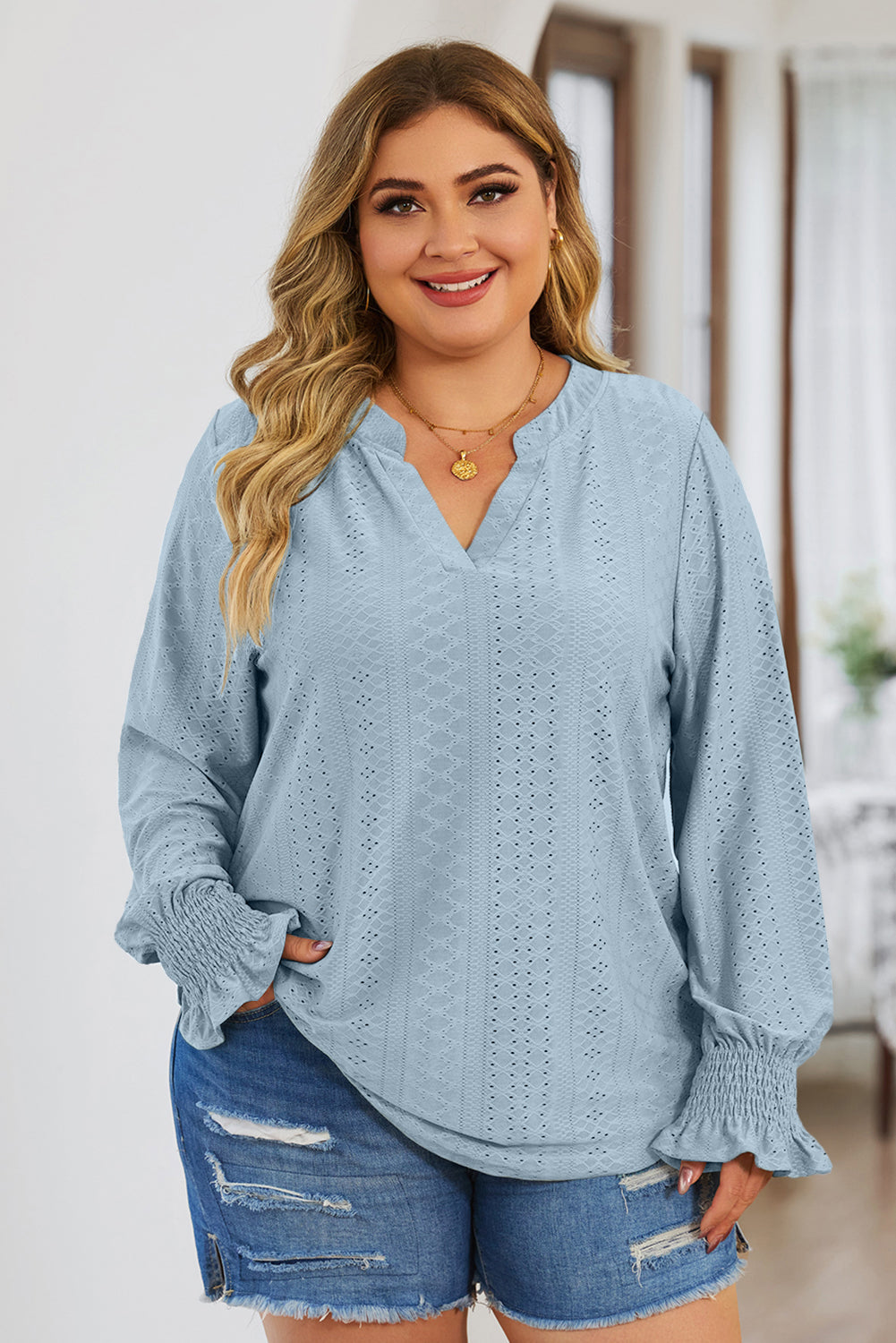 Eyelet Notched Flounce Sleeve Blouse