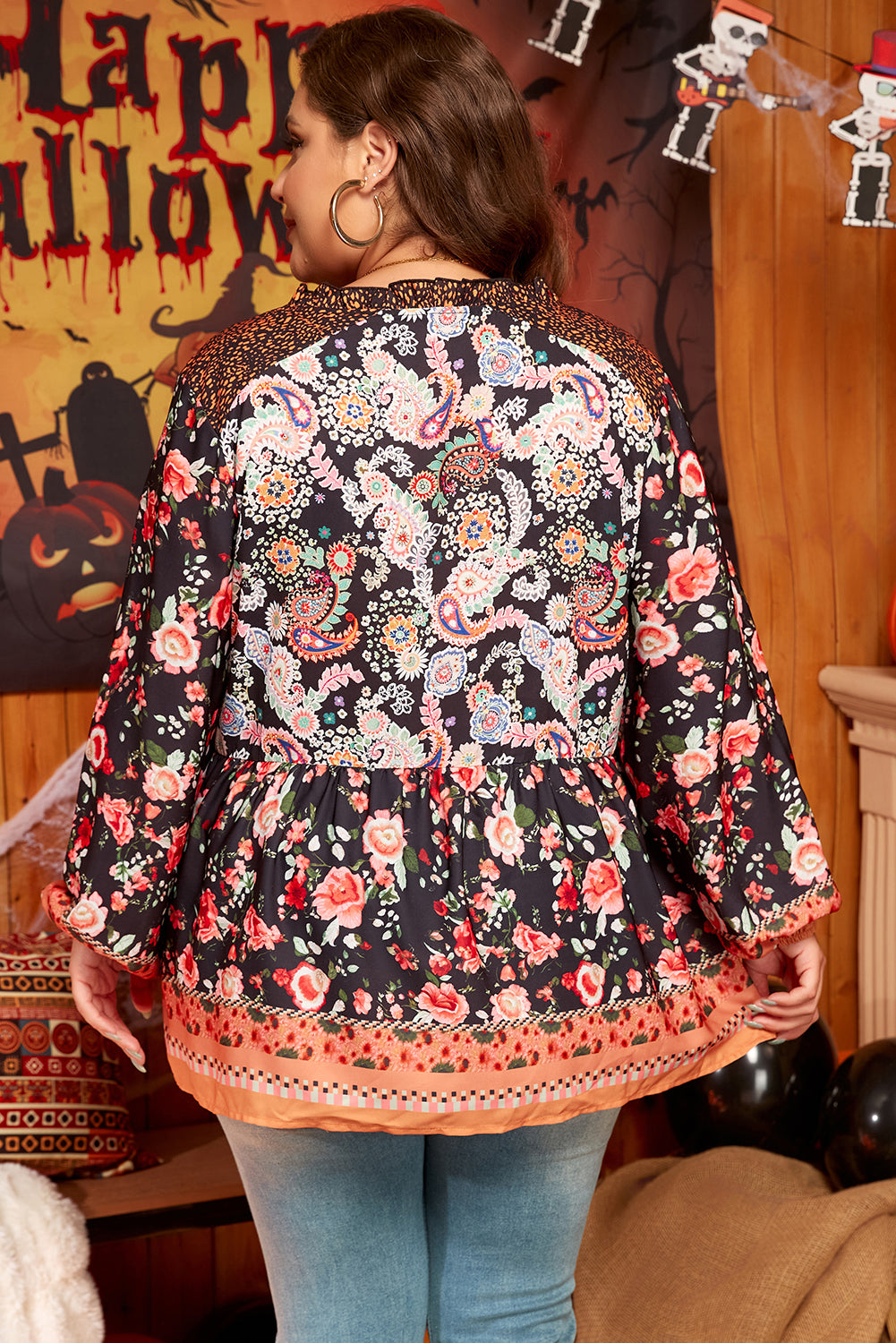 Paisley Floral Print Bubble Sleeve Blouse