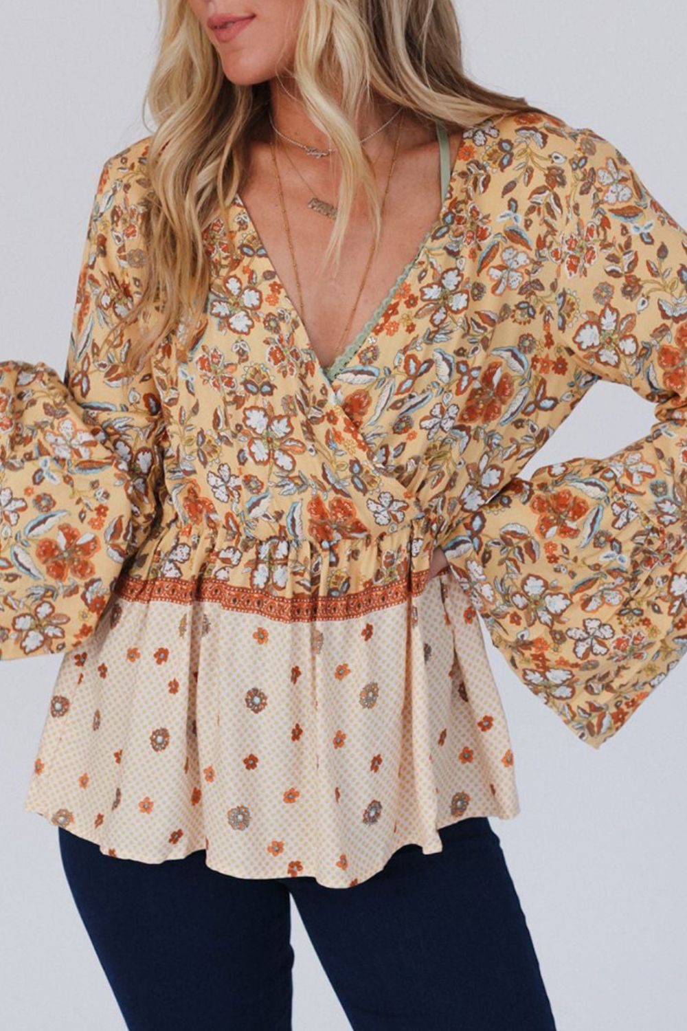 Peplum Printed Flare Sleeve Blouse