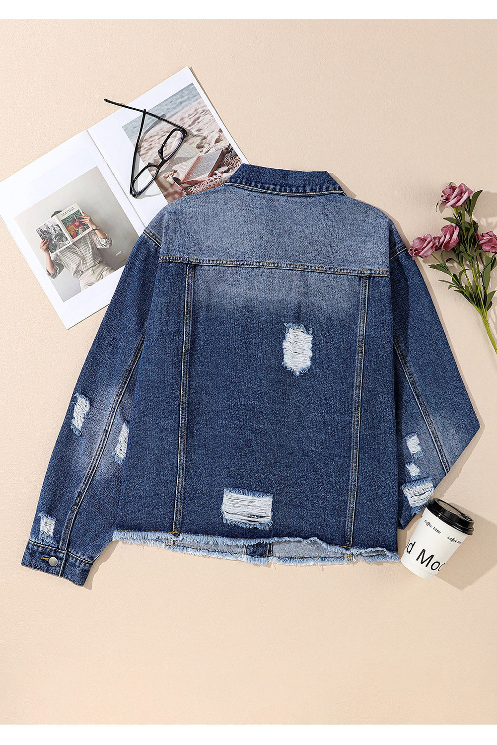 Distressed Button Up Raw Hem Denim Jacket