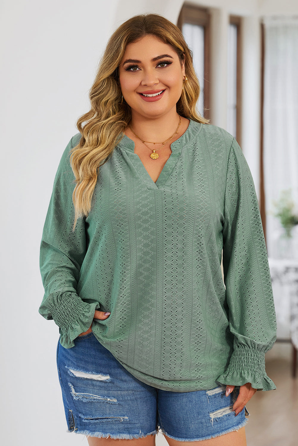 Eyelet Notched Flounce Sleeve Blouse