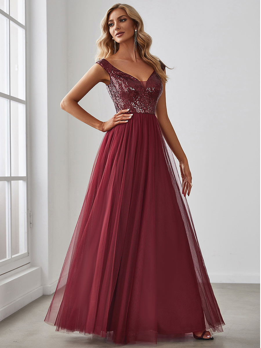 Off Shoulder Tulle & Sequin Evening Dress